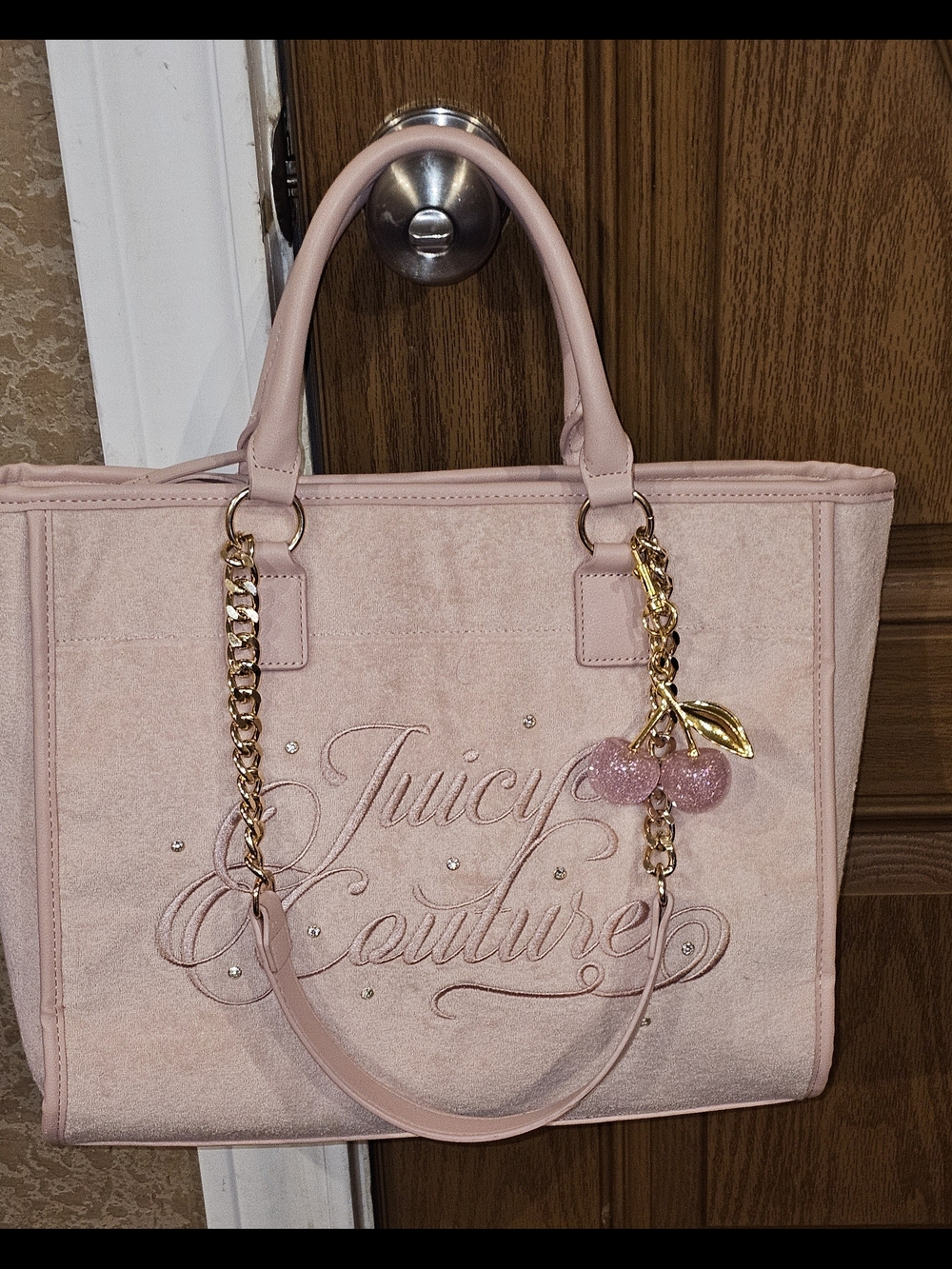 Juicy Couture Pale Pink Velvet Tote with Gold Chain & Cherry Charm - Picture 3 of 11